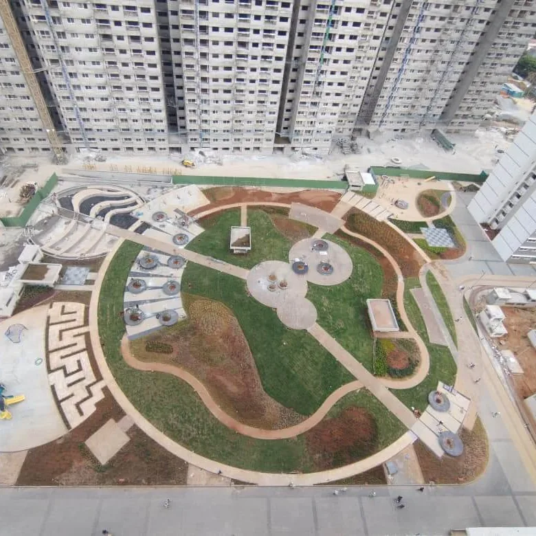 The landscaped central podium of Adarsh Park Heights seen from above